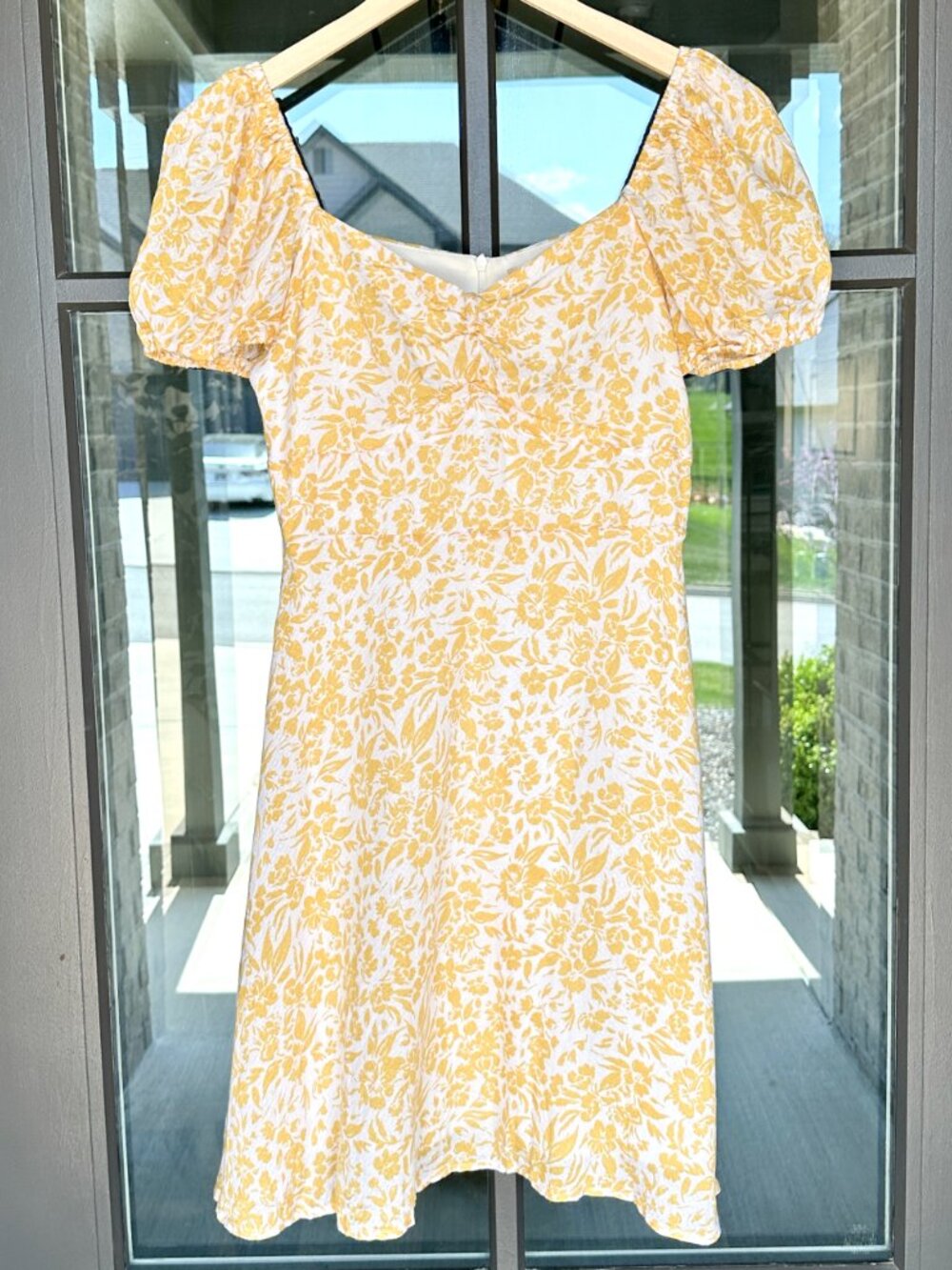 Altar’d State Yellow Floral Mini Dress Size Small Puff Sleeve Fit and Flare Boho